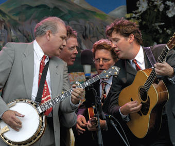 Pete Wernick ’66, ’73 GSAS (far left) performs with (left to right) Nick Forster, Tim O’Brien and Bryan Sutton at the Telluride Bluegrass Festival in Colorado. PHOTO: NATHAN RIST